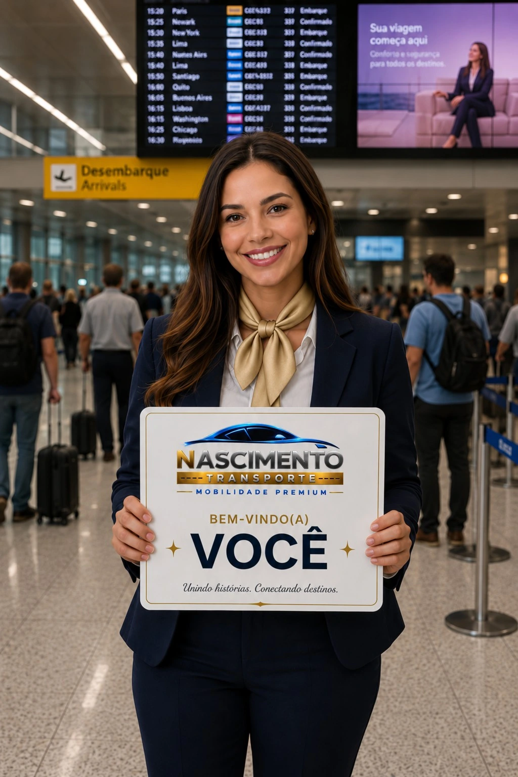 Recepcionista premium da Nascimento Transporte no desembarque, com placa receptiva de boas-vindas